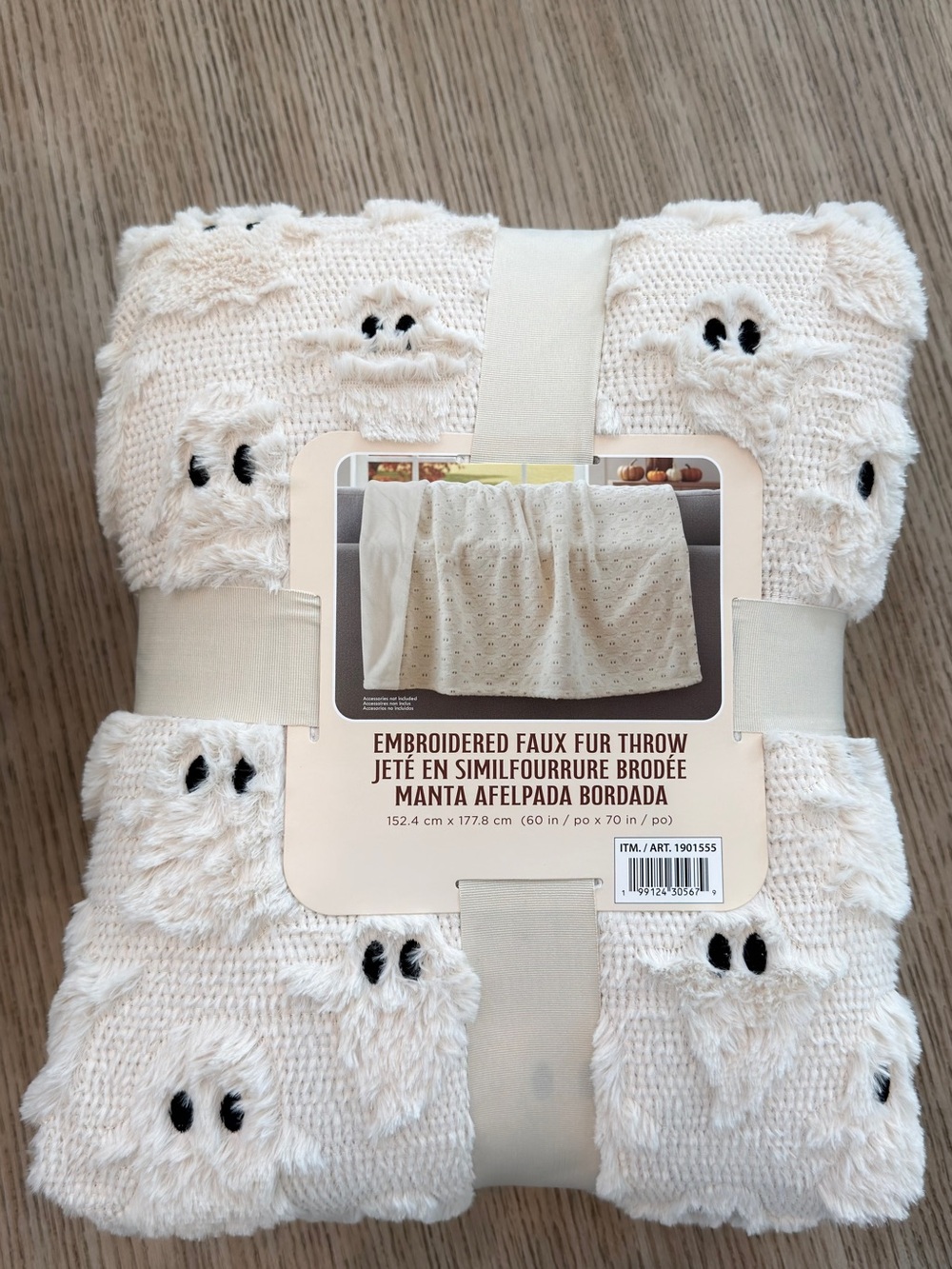 Embroidered Faux Fur Throw Blanket - Light Cream/White